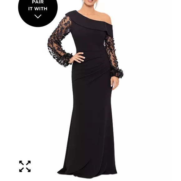 $249 XSCAPE Off-The-Shoulder Floral-Sleeve Gown Sz 6 Black Cocktail Party - Picture 2 of 16